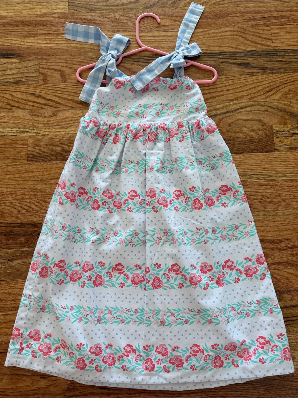 Girls White Floral Sundress with Pink Roses and Blue Straps